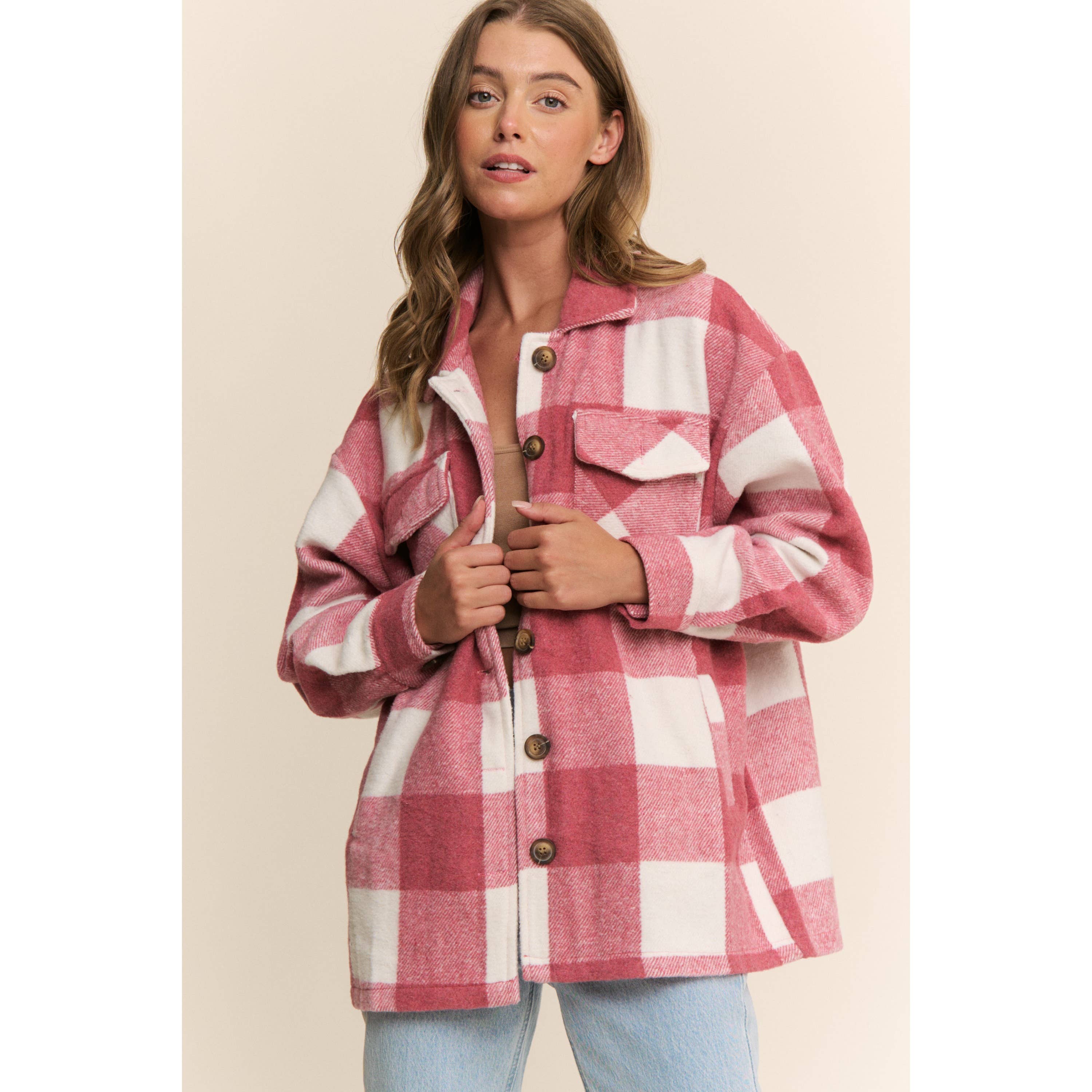 Sweet Generis - Wholesale Shirt Jacket/Shacket - Women's - FUZZY PLAID BUTTON DOWN FLANNEL SHIRT JACKET3