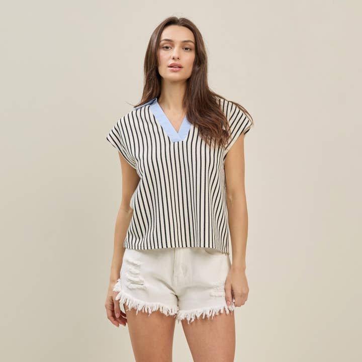 IVORY BLUE Striped top with contrast collar for wholesale on Faire