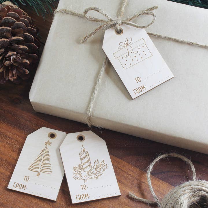 Etiquetas de regalo de Navidad de madera para venta al por mayor de Meridian Etch