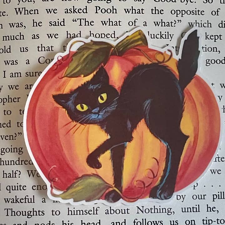 Halloween black cat and pumpkin retro nostalgia sticker for wholesale by littlevintagetale