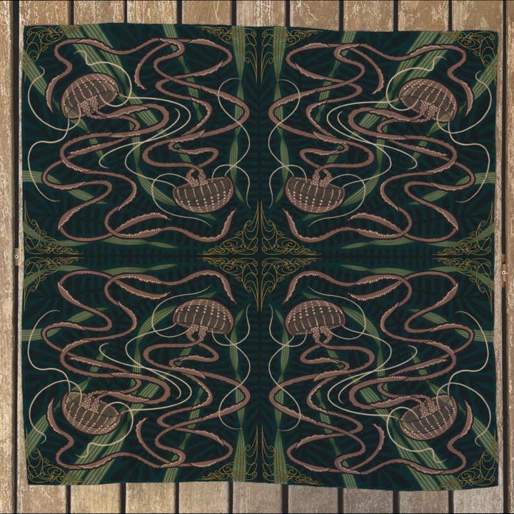 Jellyfish Silk/Satin Scarf with Sea Grass & Coral Art for wholesale by Evolation Creative