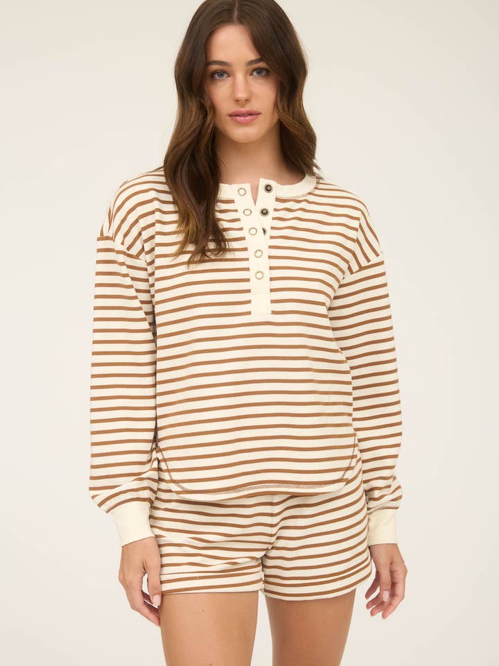 STRIPE HENLEY SNAP BUTTON LONG SLEEVE KNIT TOP for wholesale by Blu Pepper