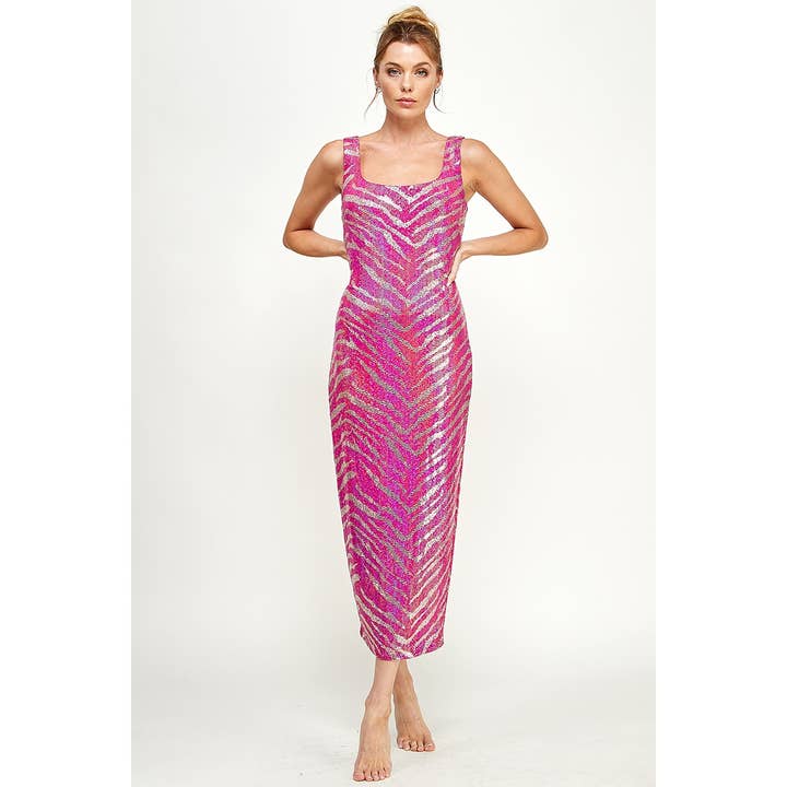 Robe métallique à sequins à imprimé zèbre pour la vente par LUXYUSA