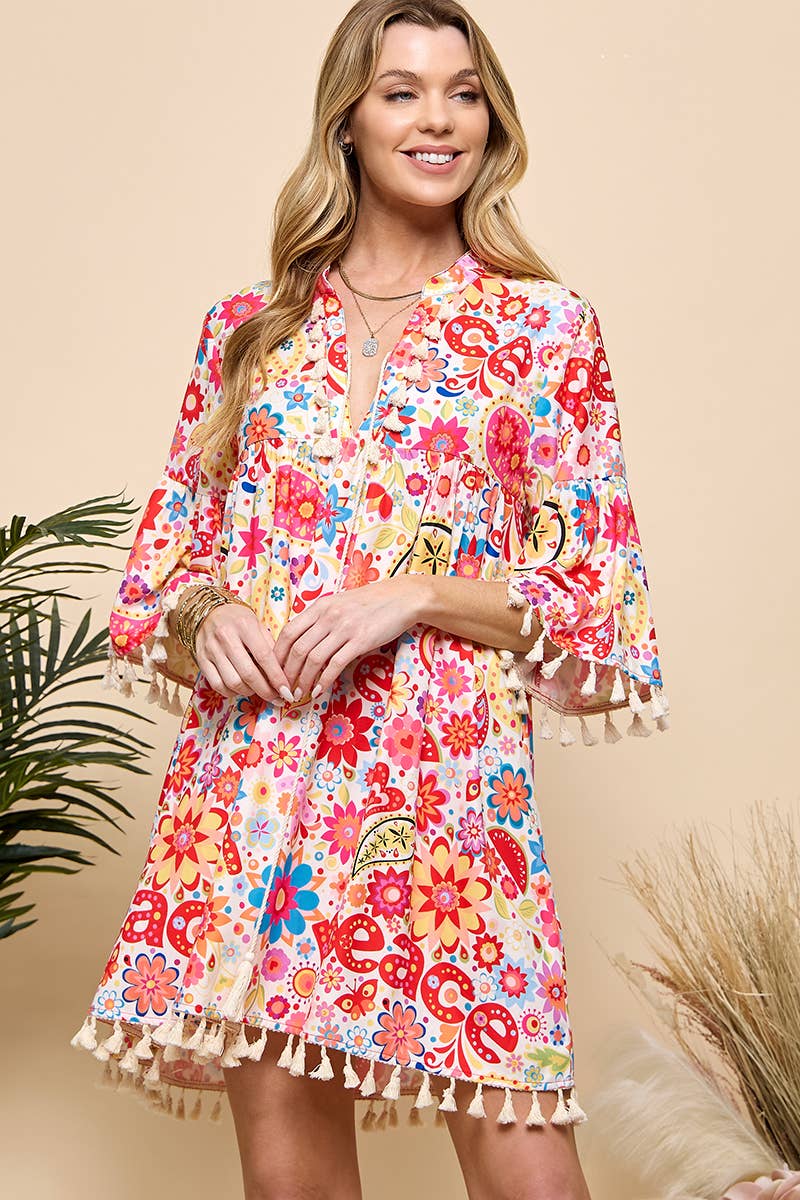 Red Multi Print V Neck Tassel  Dress for wholesale on Faire5