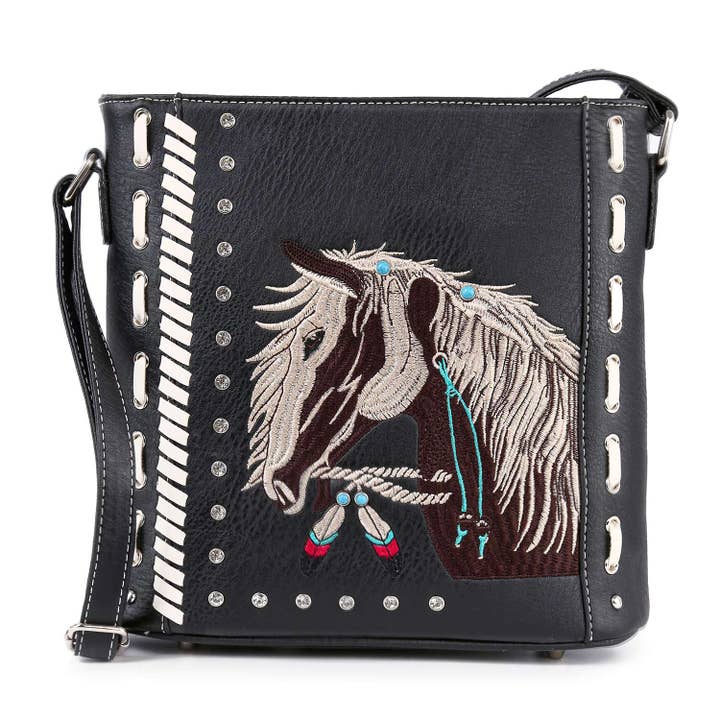 Handbag Express - Wholesale Crossbody Bag - Women's - Embroidered Horse Design Western Styled Crossbody Sling
