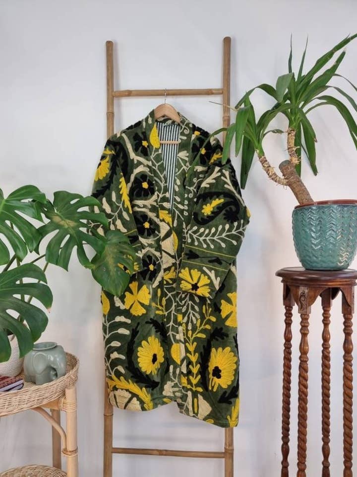 Velvet Suzani ArtisanHand Embroidered Long Jacket | Spring Elegant Boho Gypsy | Luxury Special Gift | Olive Green Black Yellow Cream Bloom for wholesale by Essential Designs London