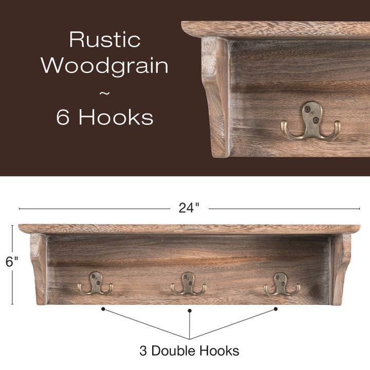 Hand Painted Wooded Wall Mounted Hanging Shelf with 6 Hooks. for wholesale by Excello Global Products