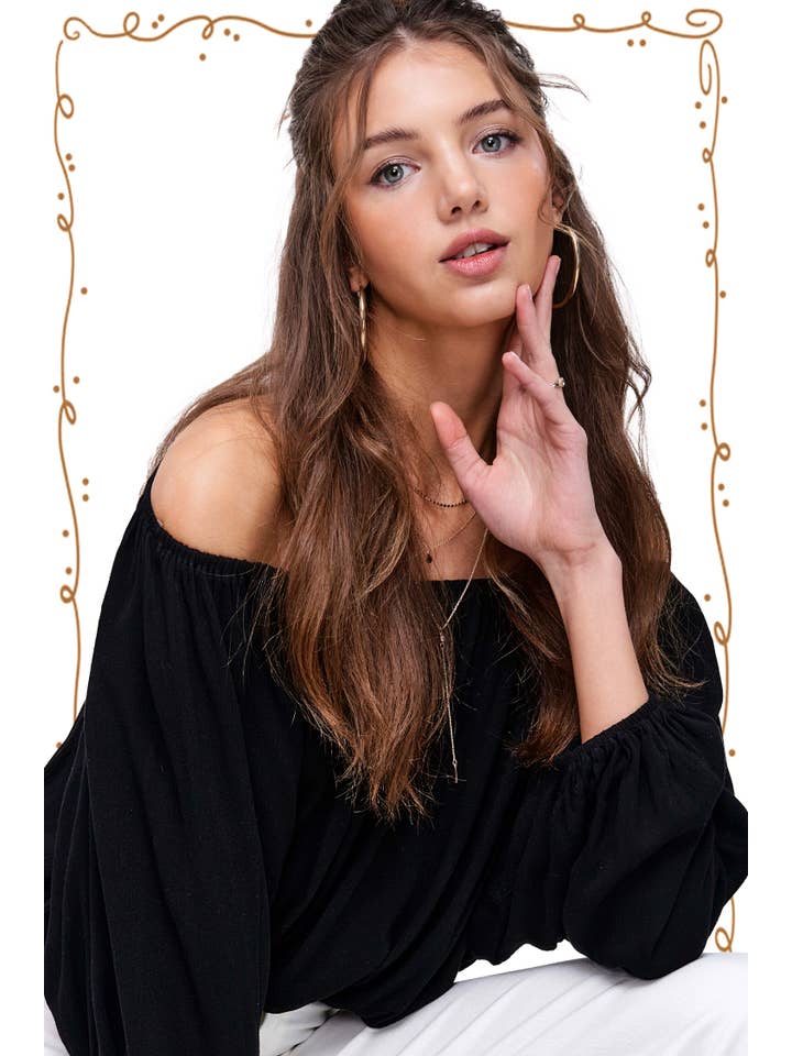 La Miel - Wholesale Blouse - Women's - HAT7501-Breathable Fabric Off Shoulder Balloon Sleeve Top