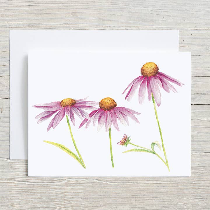 Purple Coneflower, hand painted Echinacea Floral card for wholesale by Liz Pope Designs