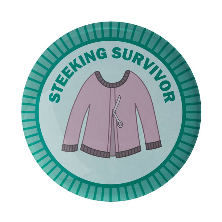 Steeking Survivor Merit Badge for wholesale by Camp Stitchwood