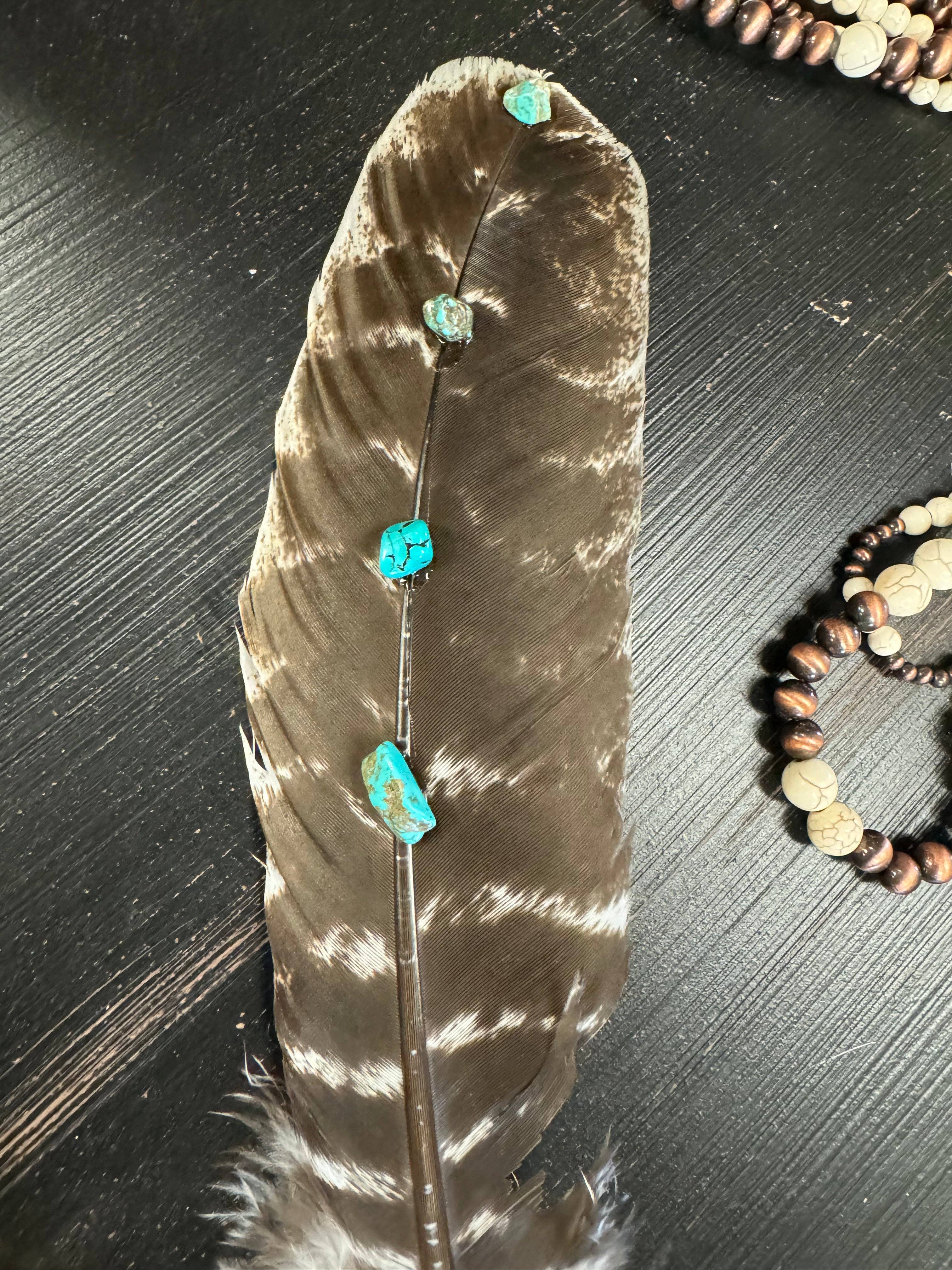 Wildflowers and Barley - Wholesale Feathers - Hand-Studded Natural Barred Turkey Feather with Turquoise Howlite2