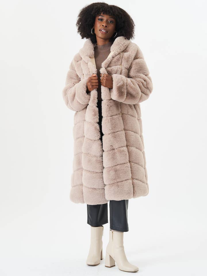 Stone Panelled Hooded Longline Fur Coat for wholesale by GINI LONDON