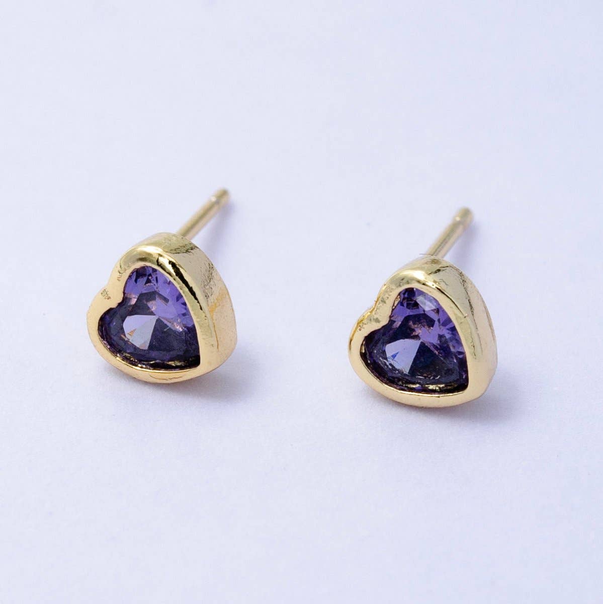 Purple 1x Tiny Heart CZ Plain Bezel Set Earrings, 14K gold earring, tiny studs, minimal earring, gold cz stud earring Q-431 for wholesale on Faire0