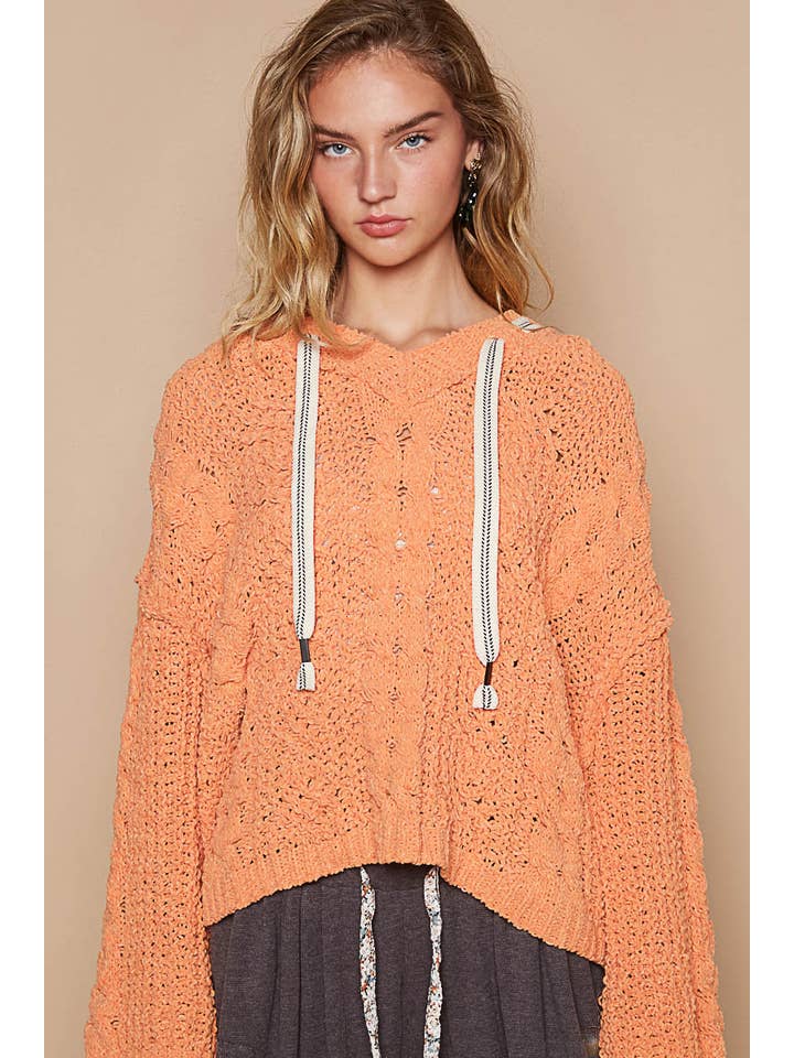 Pol Clothing - Wholesale Hoodie - Women's - Oversize fit v-neck hooded cable knit chenille sweater SALE