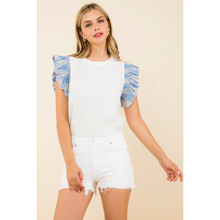Mixed Media Ruffle Sleeve Top for wholesale by THML