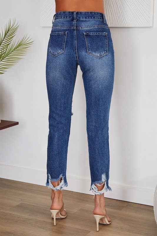 VENTI6 - Vendita all'ingrosso Jeans - Donna - PANTALONI IN DENIM CON ORLO INVECCHIATO E GINOCCHIA STRAPPATE (H9616-DENIM BLUE)2