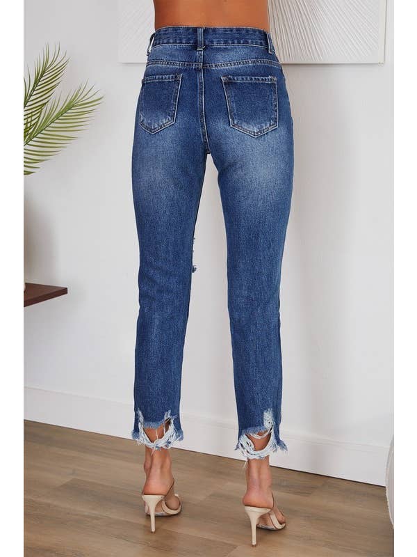 VENTI6 - Wholesale Jeans - Women's - DISTRESSED HEM DENIM PANTS W/RIPPED KNEES(H9616-DENIM BLUE)2