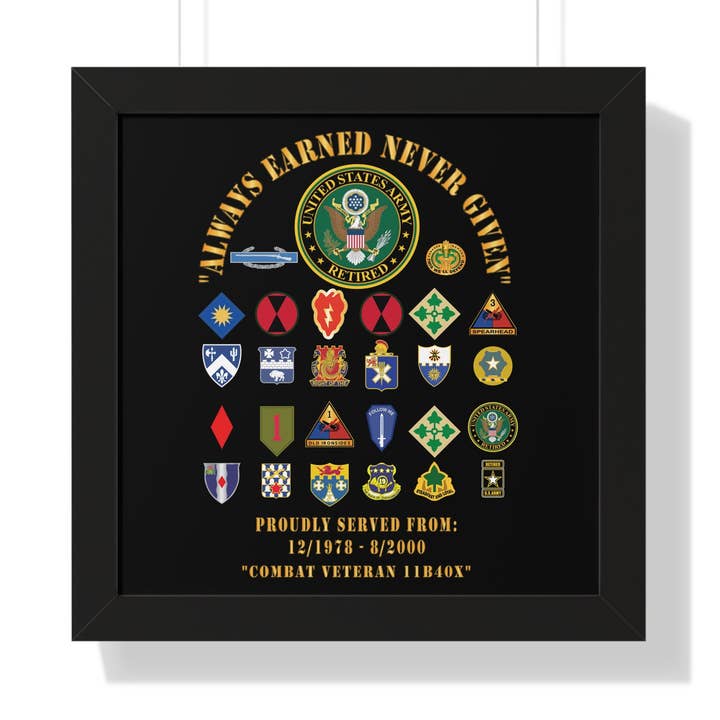 Affiche encadrée de vétéran honorable, art mural militaire, cadeau de retraite, décoration pour la Journée des anciens combattants, hommage militaire personnalisé - Vétéran de combat - 11B40X - Armée à la retraite avec unités multiples pour la vente par MIP