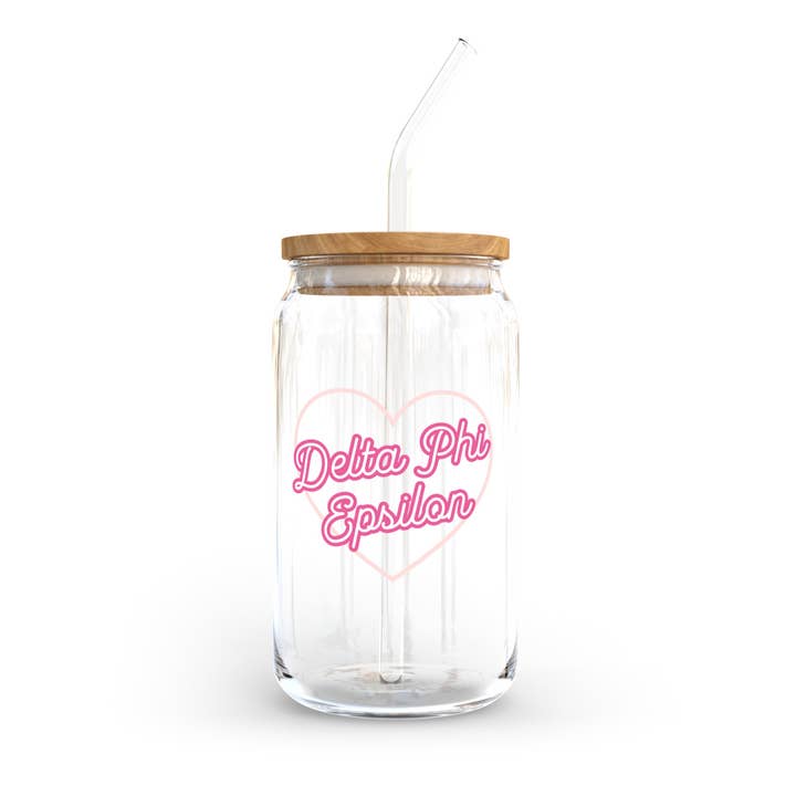 Copo de Vidro Sorority Delta Phi Epsilon com Tampa + Palhinha de Vidro por atacado de Golden Sol Collective