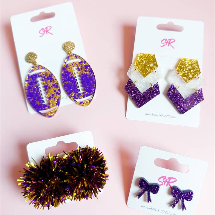 Sandy + Rizzo - Wholesale Stud/Post Earrings - Purple and Gold Tinsel Party Pom Stud