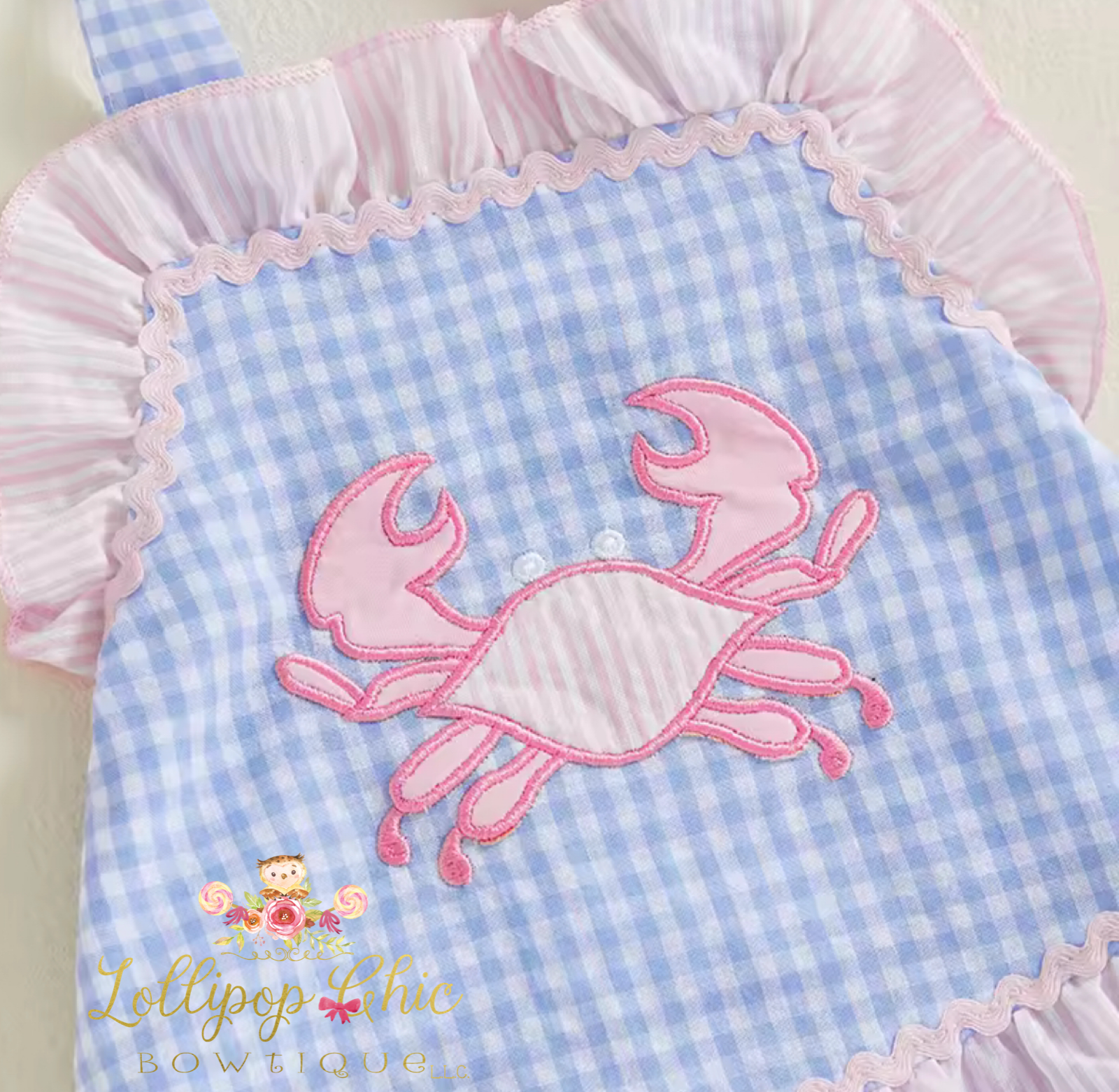 Lollipop Chic Bowtique LLC - Wholesale Clothing Set - Baby - Baby Girls Gingham Embroidered Boutique Crab Coastal Romper 2