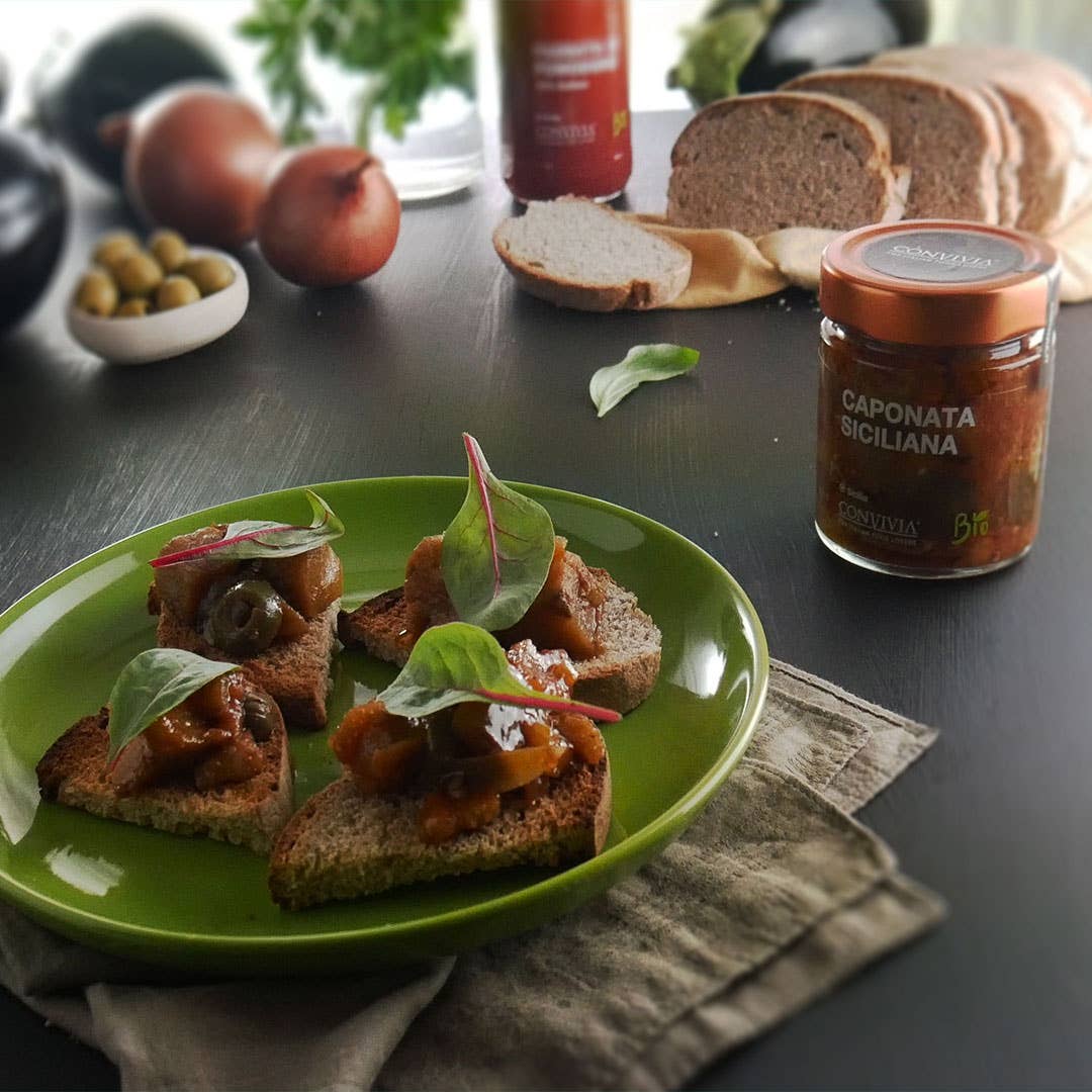 CONVIVIA for italian food lovers - Vendita all'ingrosso Verdure in scatola - Caponata siciliana bio 190g6