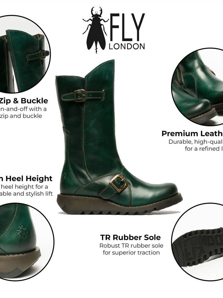 Gasolina Botas de plataforma con cremallera de cuero, tacón de cuña y hebilla para mujer Fly London MES 2 verde hasta media pantorrilla. de venta al por mayor en Faire1