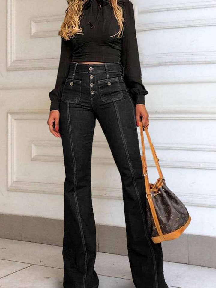 DOUBLJU - Wholesale Jeans - Women's - Retro High-Waisted Washed Jeans Flared Pants with Stretch4