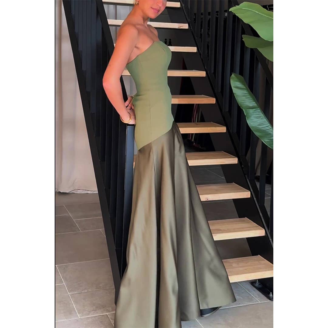 UNISHE – Vestido - Mulher por atacado – Vestido Justo Sem Alças de Cetim Sem Mangas com Blocos de Cor JRM1282