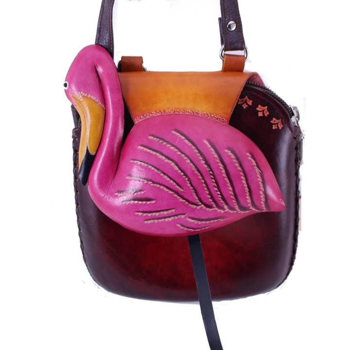 Handmade Leather flamingo pink crossbody purse for wholesale by Sunflower Handmade leather inc