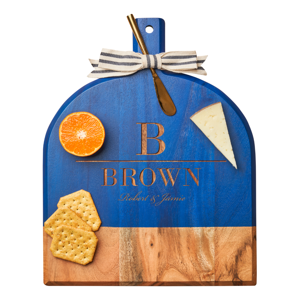 Sophistiplate – wholesale Cutting board – Acacia Bevel Board with Handle | Personalized | 15 x 12" w/ gold ribbon and gray/white spreader2