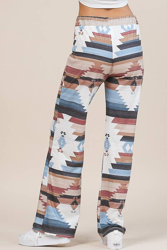 MOCHA BLUE AV1044-SELENA AZTEC PRINT RELAXED PANTS for wholesale on Faire10