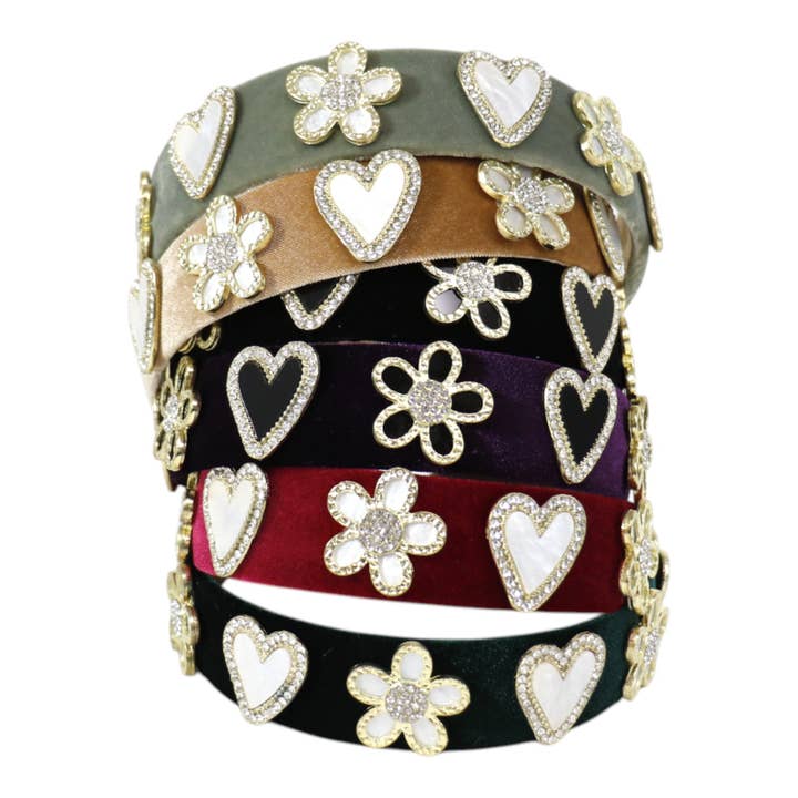 ASSORTED Heart Flower Charm Velvet Headband HB21027-16 (12PC) for wholesale on Faire3