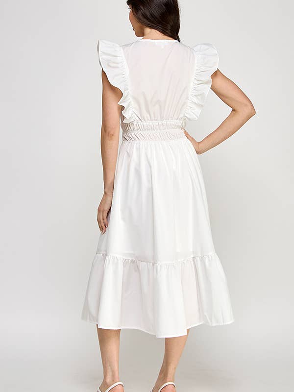 RUBIENN - Wholesale Dress - Women's - Lace Trim V-Neck Sleeveless Smocked Midi Dress.7