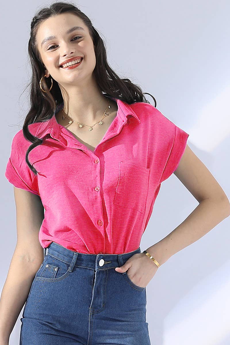 NINEXIS - Wholesale Button Down Shirt - Women's - CWTBLS033-S_SINGLE BREASTED ROLLED SHORT SLEEVE BLOUSE SHIRT23