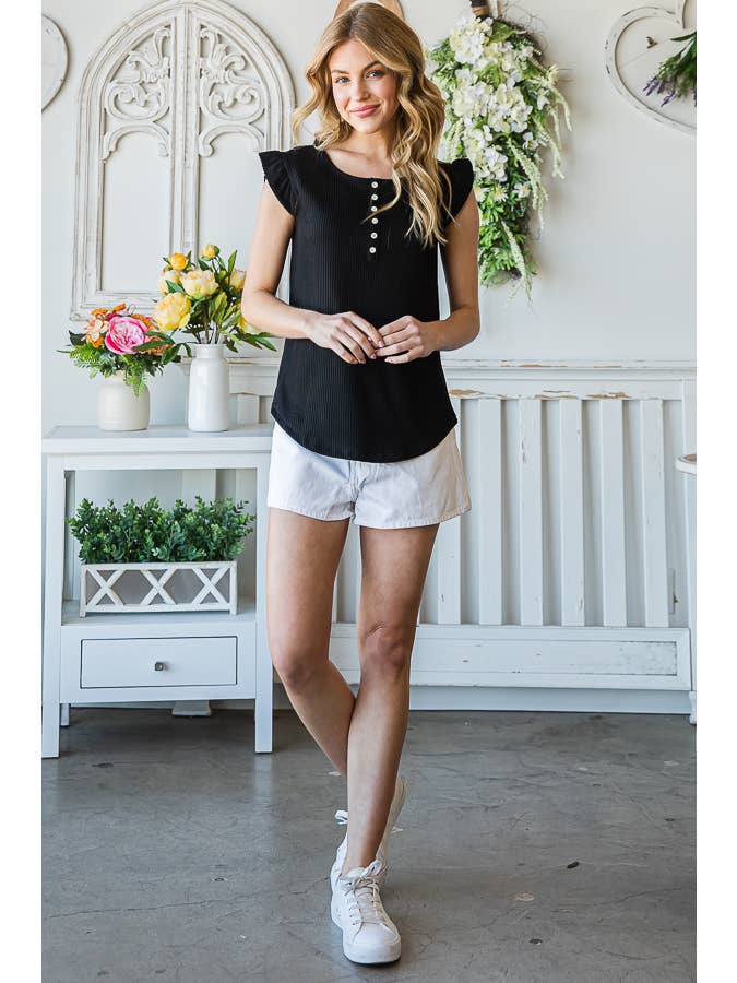 7th Ray – Engroshandel Strikket top - Dame – Solid Rib Knap-Front Flæseærme Top T515613