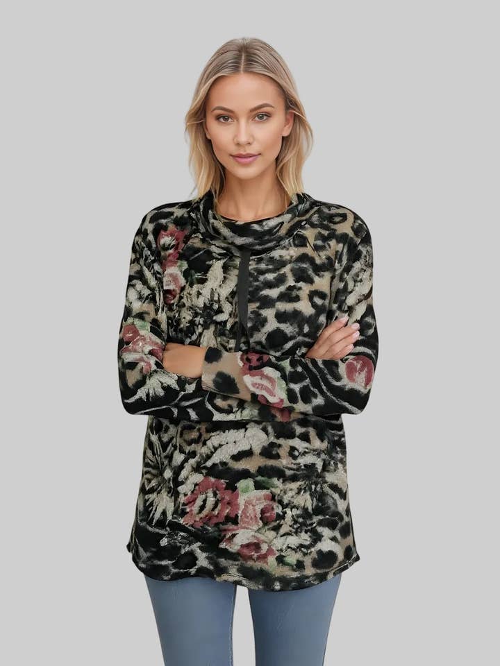 Yummy Cowel Neck w/ Mock Tie - Grey Floral (D24445) for wholesale by Dantelle Apparel