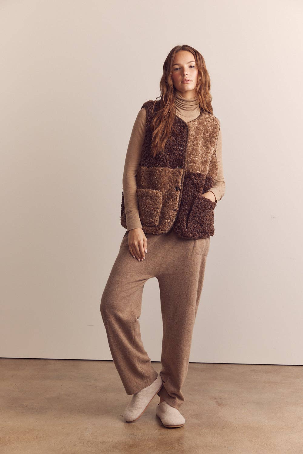 Mocha Brown Color block wool blend shepherd reversible vest  for wholesale on Faire4