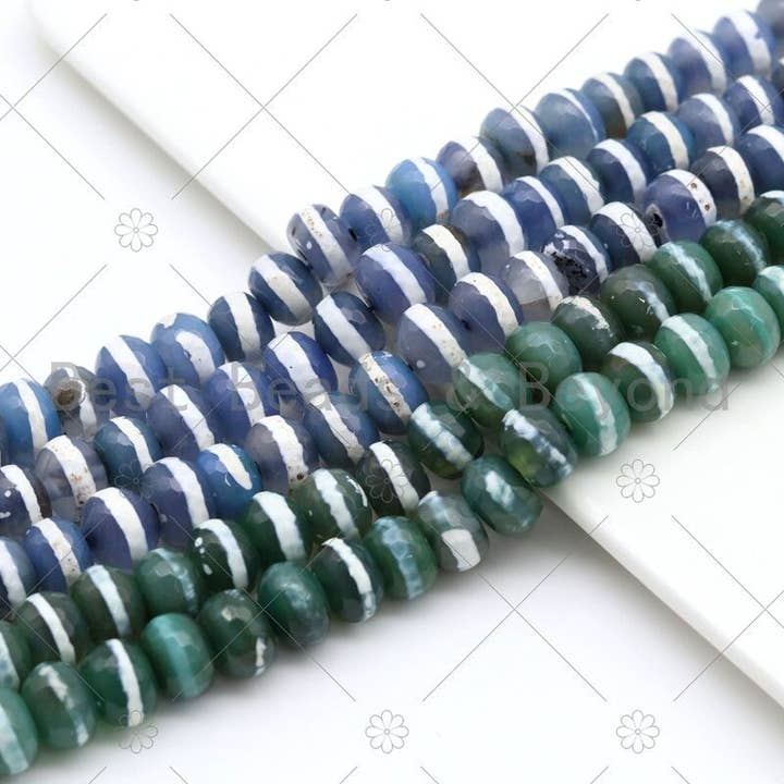 Quality DZI Blue/Green Agate Beads, Rondelle with One line Tibetan Agate Beads, 10x14mm Agate,15 Full Strand, SKU#U1182 for wholesale by BestBeads&Beyond