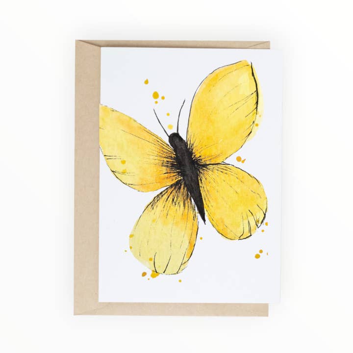 Yellow Butterfly Thinking of You Watercolor Greeting Card A2 for wholesale by SanBCreative