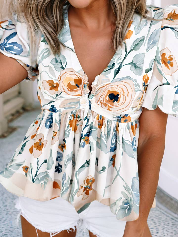 Green LDC Floral Print Puff Sleeve V Neck Babydoll Blouse for wholesale on Faire