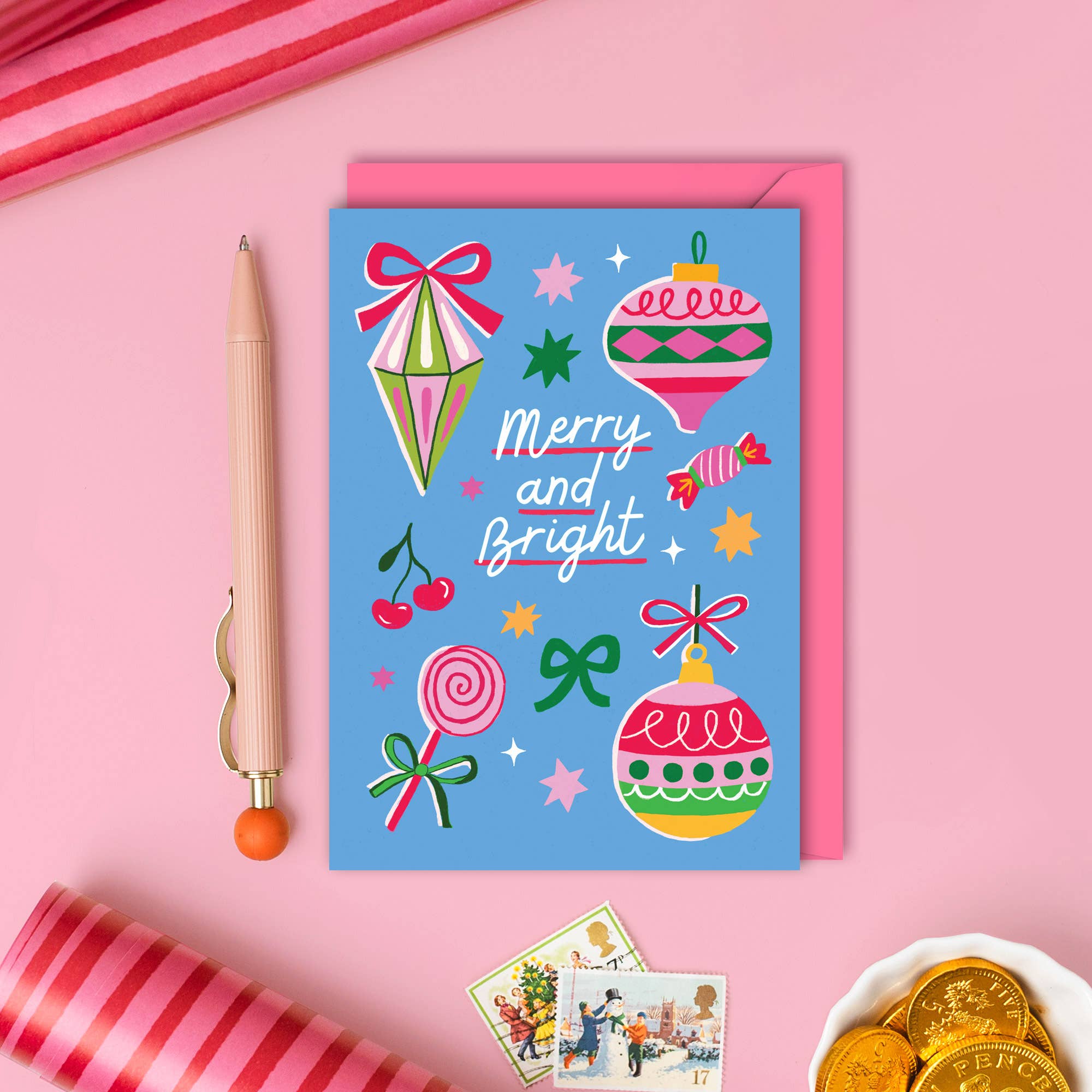 Natalie Lea Owen – Handmade Jewellery & Greeting Cards - Wholesale Christmas Card - Bauble Christmas Card | Vintage Holiday Card | Blue | Xmas2