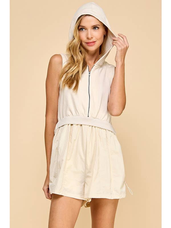 TCEC - Wholesale Romper - Women's - CP10102-Stylish Hooded Romper With Mixed Media Fabric