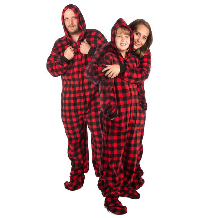 Big Feet Pajamas – wholesale Onesie - Unisex – Hoodie Footed Onesie Red & Black Buffalo Plaid Fleece Pajam2