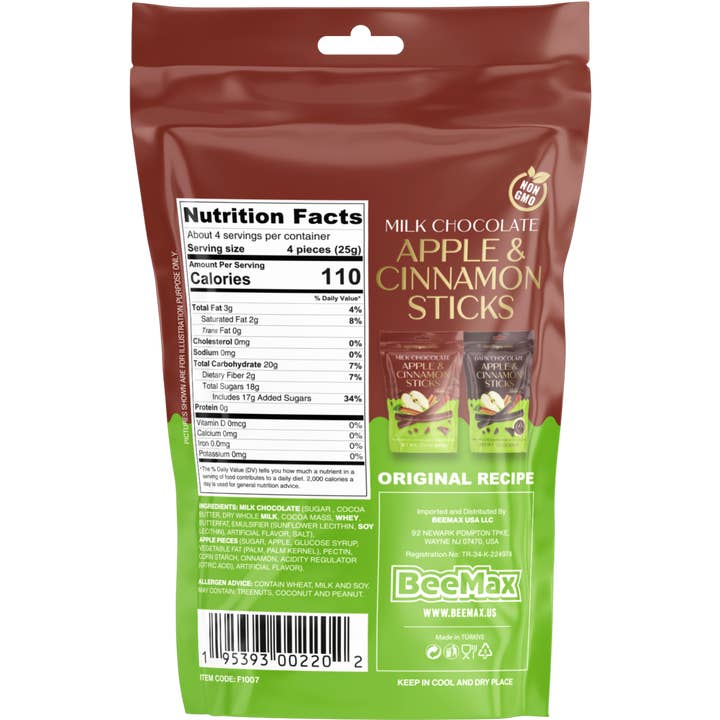 Beemax - Wholesale Fruit Snacks - Milk Chocolate Covered Dried Apple & Cinnamon Sticks