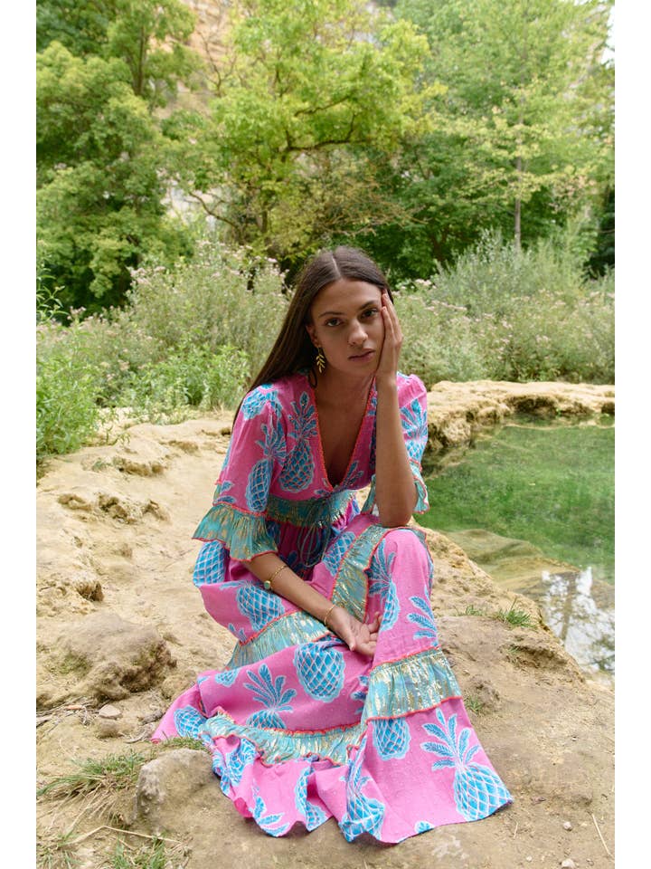 Piti Cuiti - Wholesale Dress - Women's - PINK PINEAPPLE LONG DRESS WITH LONG SLEEVES