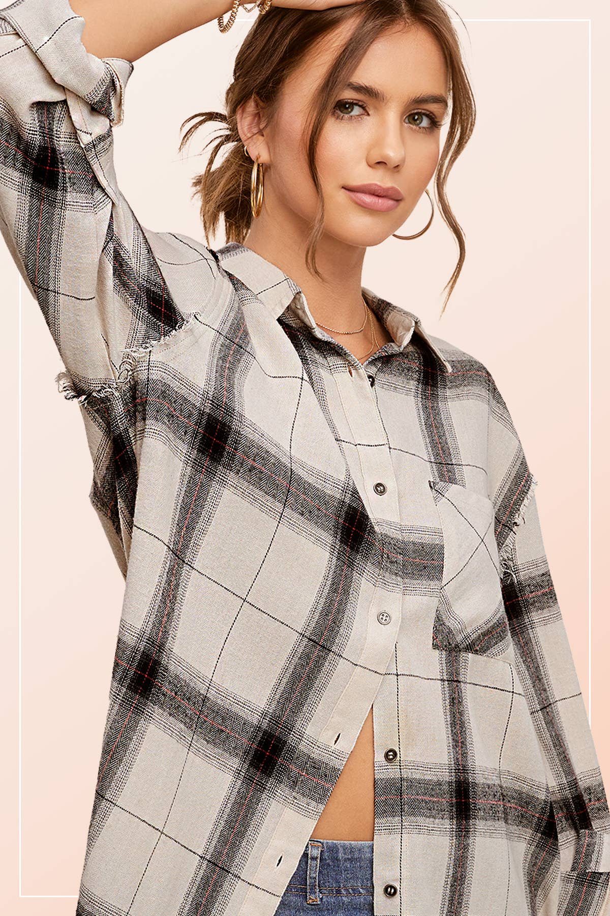 La Miel - Wholesale Button Down Shirt - Women's - SRT1372-Loose Fit Button Down Cut Edge Detailed Plaid Shirts6