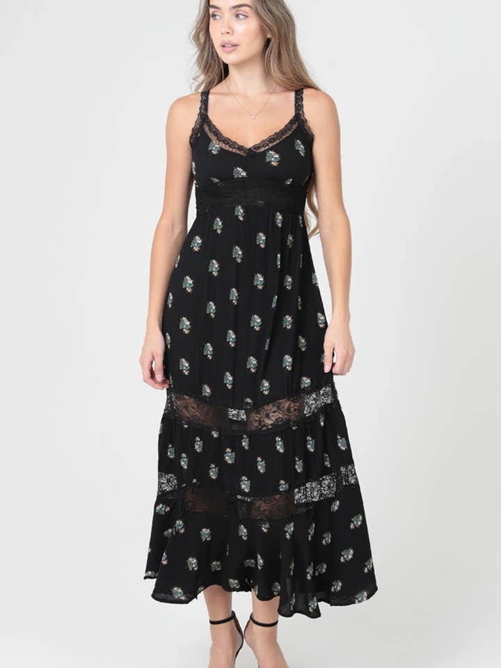 C4G39-WA88 V NECK LACE TRIM SMOCKED BACK MAXI DRESS for wholesale by ANGIE