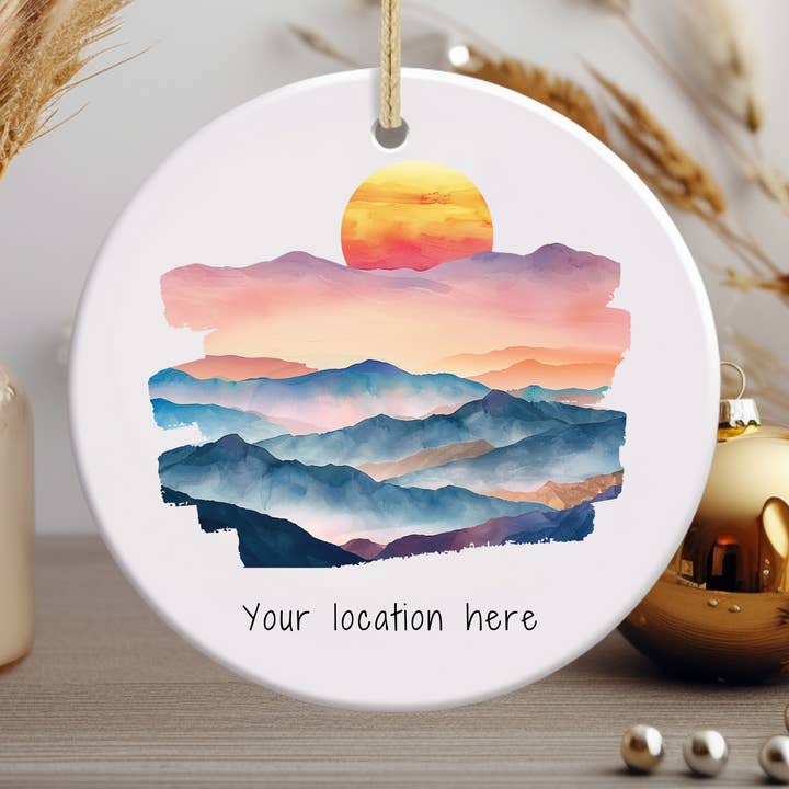 Mountain Sunrise Christmas Ornament Personalize Name Drop for wholesale by Stad Woodlands
