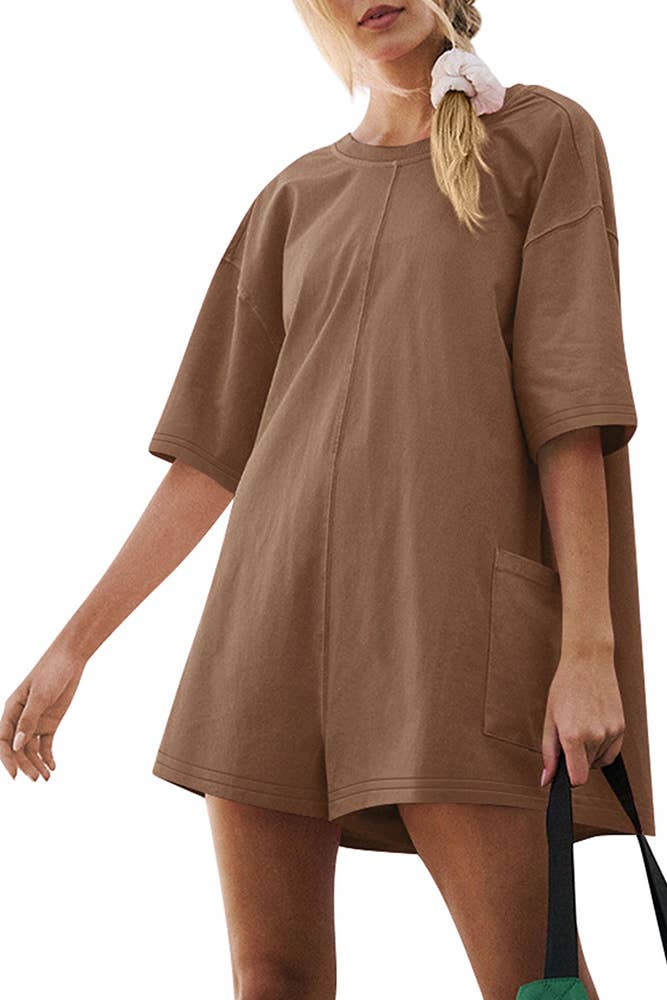 UNISHE - Wholesale Romper - Women's - Backless V Neck Short Sleeves Loose Pockets Romper ASJP0798